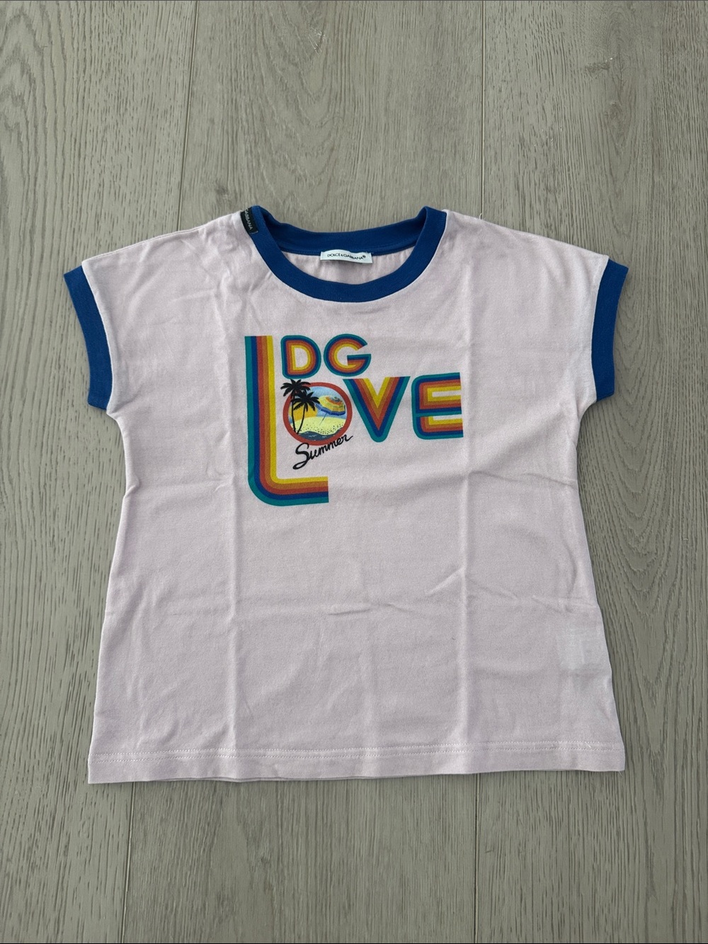 Dolce & Gabbana White Tee with Blue Trim & Rainbow 'LOVE' Graphic